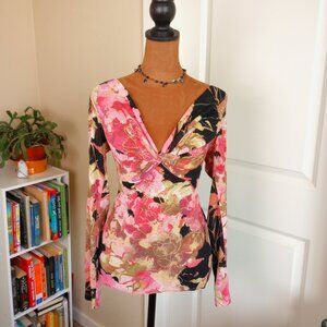 Y2K Floral Bodycon Top – Romantic Fairycore Mesh Look, Long Sleeve Blouse